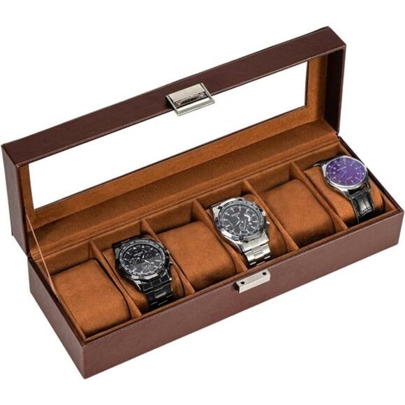 Mens Watch Box 6 Slot PU Leather Watch Organizer Display Glass Lid Brown - Picture 1 of 7